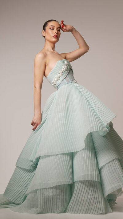 Tiered Ruffled Embroidered Gown